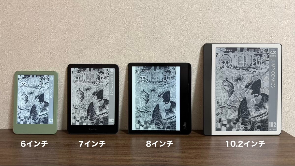 電子書籍リーダーのディスプレイサイズ比較（漫画）