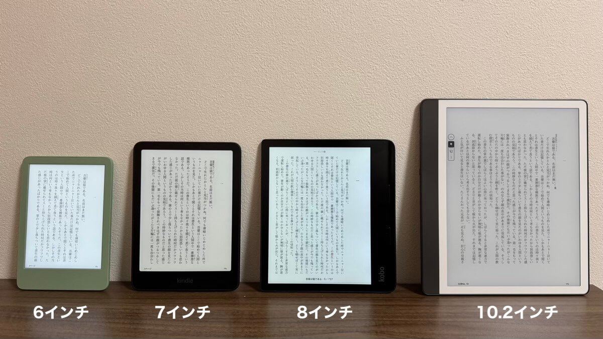 電子書籍リーダーのサイズ比較（テキスト）